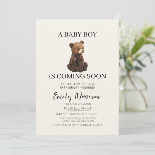 Teddy Bear en Baby Boy komen naar het Baby shower Kaart (Staand voorkant)