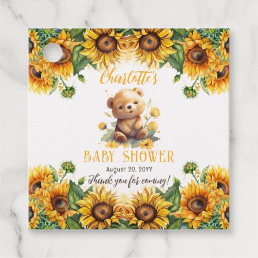 Teddy Bear en Baby shower van zonnebloemen Bedankjes Labels (Voorkant)