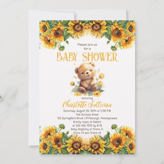 Teddy Bear en Baby shower van zonnebloemen Kaart (Voorkant)