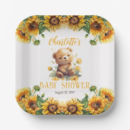 Teddy Bear en Baby shower van zonnebloemen Papieren Bordje (Voorkant)