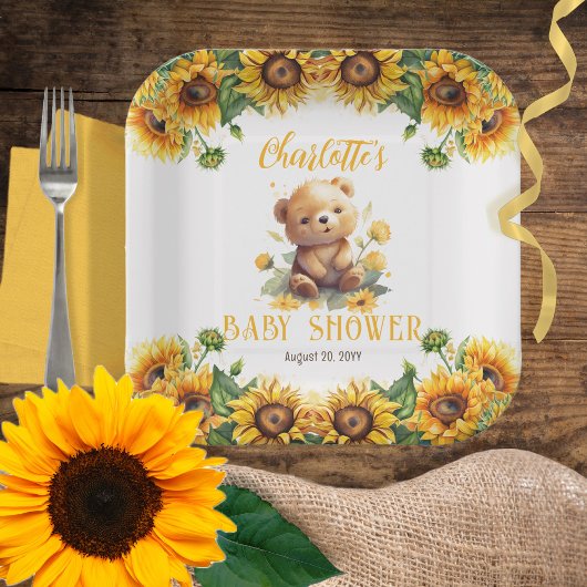 Teddy Bear en Baby shower van zonnebloemen Papieren Bordje