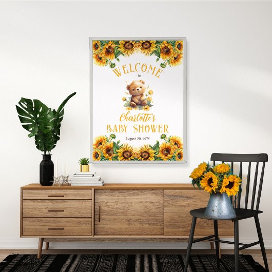 Teddy Bear en Baby shower van zonnebloemen Poster