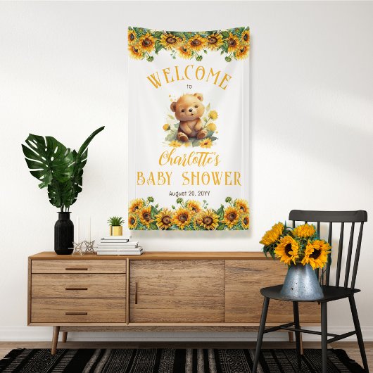 Teddy Bear en Baby shower van zonnebloemen Spandoek