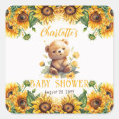 Teddy Bear en Baby shower van zonnebloemen Vierkante Sticker (Voorkant)