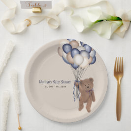 Teddy Bear en Balloons Barly Wait Blue Baby shower Papieren Bordje