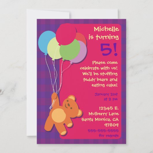 Teddy Bear en Balloons Birthday Party Invitation Kaart (Voorkant)