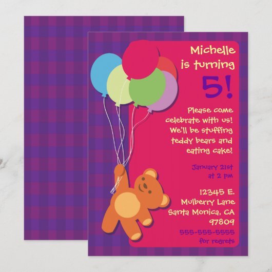 Teddy Bear en Balloons Birthday Party Invitation Kaart (Voorkant / Achterkant)