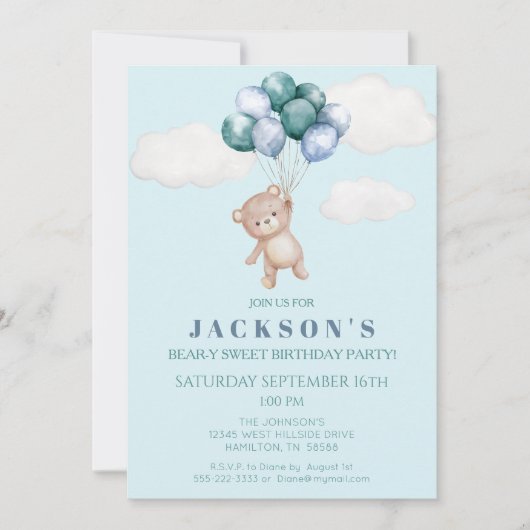 Teddy Bear en Balloons Birthday Party Invitation Kaart (Voorkant)