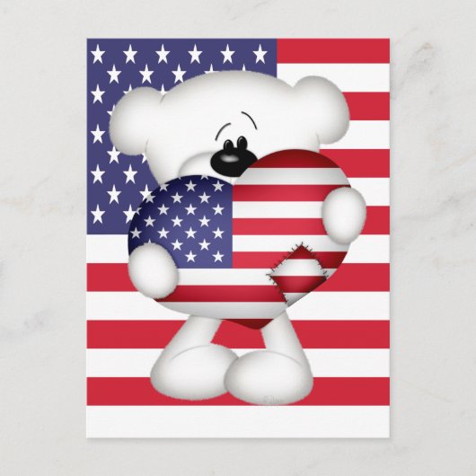Teddy Bear en Big USA Flag Heart Briefkaart (Voorkant)