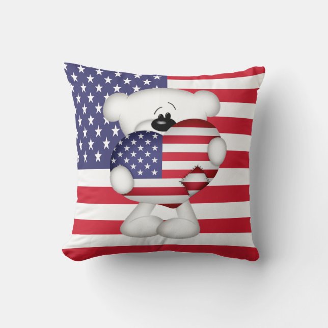Teddy Bear en Big USA Flag Heart Kussen (Voorkant)
