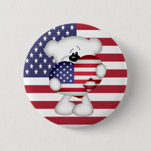Teddy Bear en Big USA Flag Heart Ronde Button 5,7 Cm