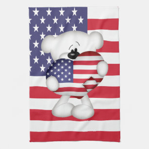 Teddy Bear en Big USA Flag Heart Theedoek