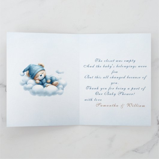 Teddy Bear en Blue Balloon Het is een Boy Baby sho Bedankkaart (Binnen)