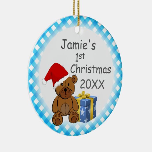 Teddy Bear en Blue Pset Baby's eerste Kerstmis Keramisch Ornament (Rechts)
