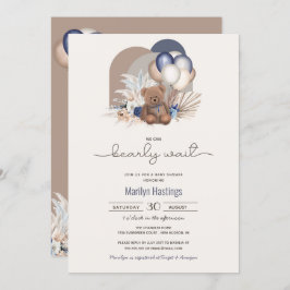 Teddy Bear en Blue White Balloons Boho Baby shower Kaart