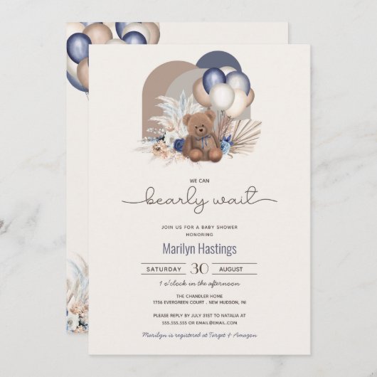 Teddy Bear en Blue White Balloons Boho Baby shower Kaart (Voorkant / Achterkant)