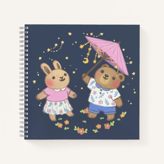 Teddy Bear en Bunny onder de sterren illustratie Notitieboek (Voorkant)