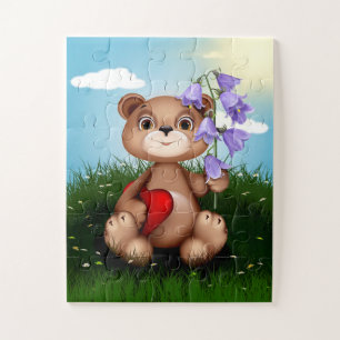Teddy Bear en Flowers met een rood hart Legpuzzel