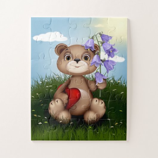 Teddy Bear en Flowers met een rood hart Legpuzzel (Verticaal)