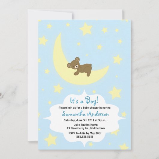 Teddy Bear en Moon Baby shower Invite - Boy Kaart (Voorkant)