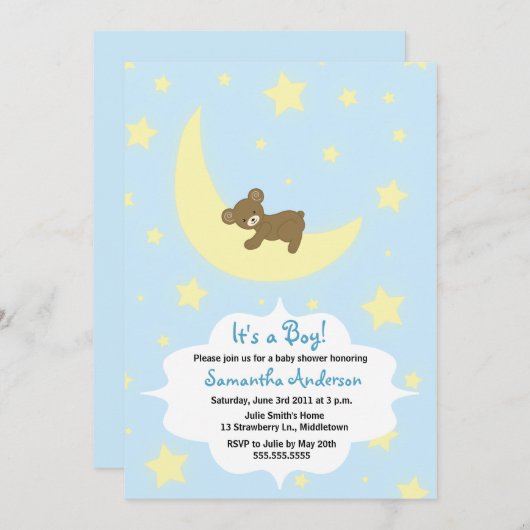 Teddy Bear en Moon Baby shower Invite - Boy Kaart (Voorkant / Achterkant)
