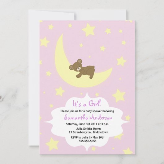 Teddy Bear en Moon Baby shower Invite - Girl Kaart (Voorkant)