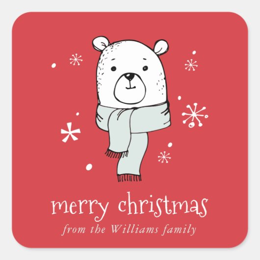 Teddy Bear en sneeuwvlokken Rood Kerstfeest Vierkante Sticker (Voorkant)