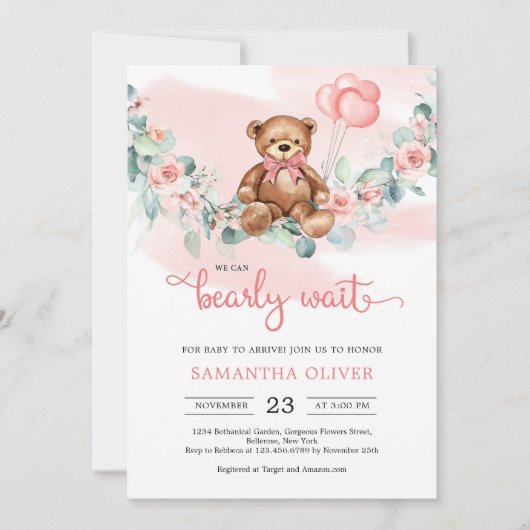 Teddy Bear Eucalyptus Wreath Girl Baby shower Invi Kaart (Voorkant)