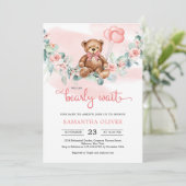 Teddy Bear Eucalyptus Wreath Girl Baby shower Invi Kaart (Staand voorkant)