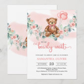 Teddy Bear Eucalyptus Wreath Girl Baby shower Invi Kaart (Voorkant / Achterkant)
