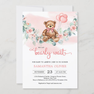 Teddy Bear Eucalyptus Wreath Girl Baby shower Invi Kaart