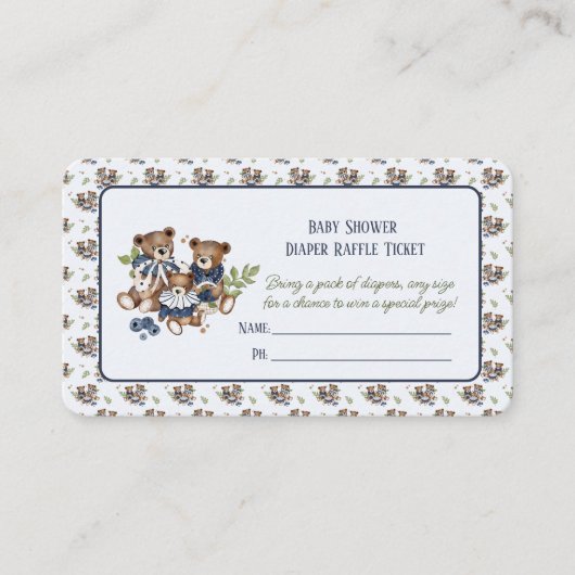 Teddy Bear Family Baby Boy Douche Luier Raffle Informatiekaartje (Voorkant)