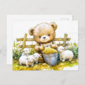 Teddy Bear Feeding Sheep on Farm Briefkaart (Voorkant / Achterkant)