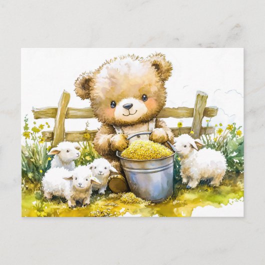 Teddy Bear Feeding Sheep on Farm Briefkaart (Voorkant)