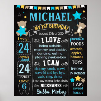 Teddy Bear First Birthday chalkboard Poster