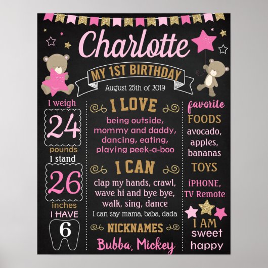 Teddy Bear First Birthday chalkboard-tekenmeisje Poster (Voorkant)