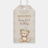 Teddy Bear First Birthday Invitation, Beary First  Cadeaulabel (Voorkant)