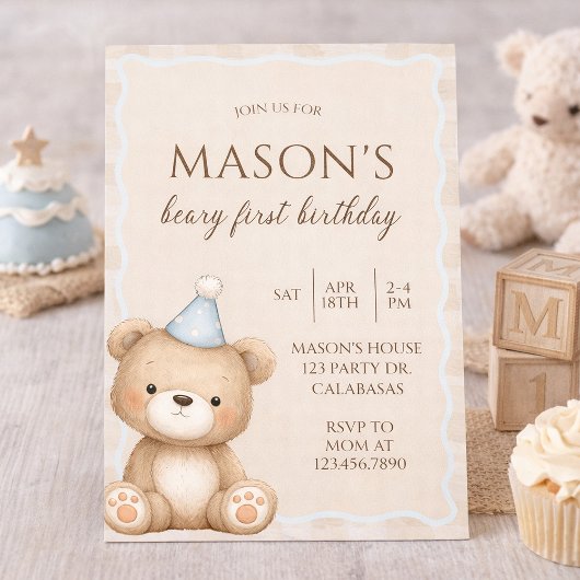 Teddy Bear First Birthday Invitation, Beary First  Kaart