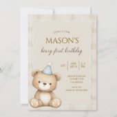 Teddy Bear First Birthday Invitation, Beary First  Kaart (Voorkant)