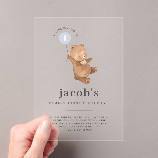 Teddy Bear First Birthday Invitation Blue-ballon Acryl Uitnodigingen (Insitu (Draagbaar))