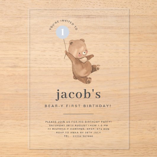 Teddy Bear First Birthday Invitation Blue-ballon Acryl Uitnodigingen (Voorkant)