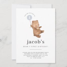 Teddy Bear First Birthday Invitation Blue-ballon Kaart