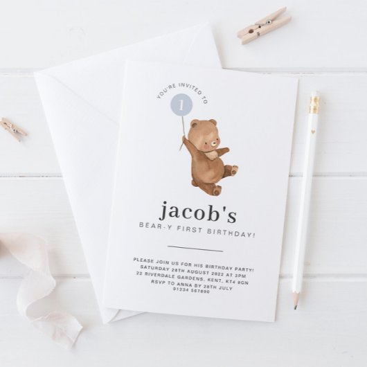 Teddy Bear First Birthday Invitation Blue-ballon Kaart