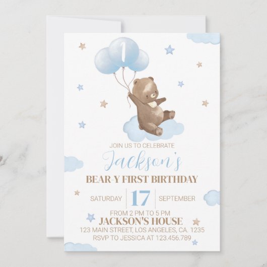 Teddy Bear First Birthday Invitation Kaart (Voorkant)