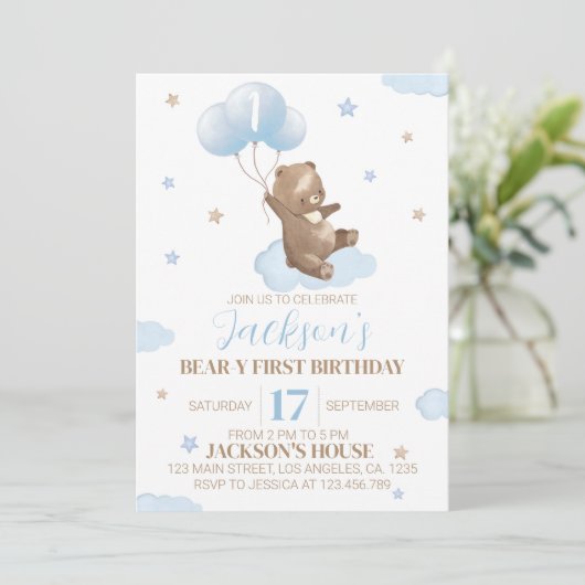 Teddy Bear First Birthday Invitation Kaart (Staand voorkant)