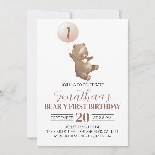 Teddy Bear First Birthday Invitation Kaart (Voorkant)