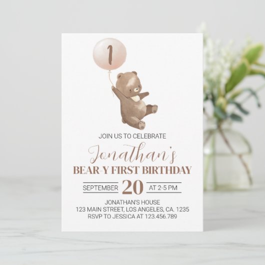 Teddy Bear First Birthday Invitation Kaart (Staand voorkant)