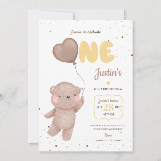 Teddy Bear First Birthday Invitation Kaart (Voorkant)