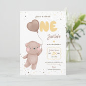 Teddy Bear First Birthday Invitation Kaart (Staand voorkant)