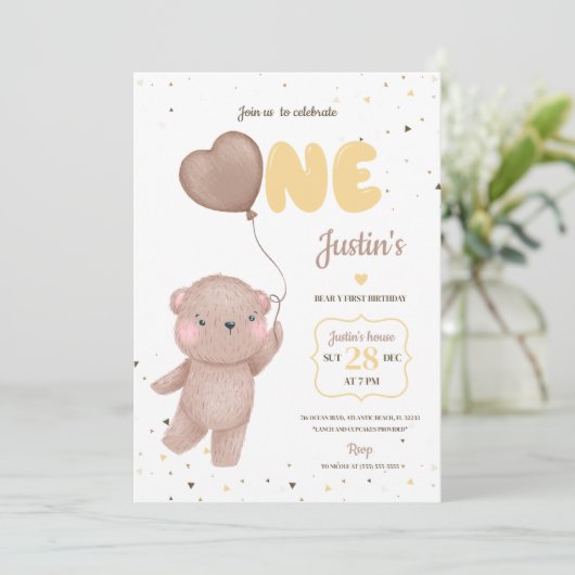 Teddy Bear First Birthday Invitation Kaart (Staand voorkant)